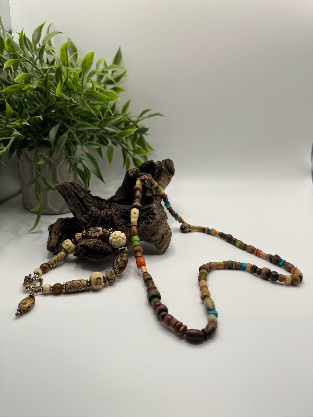 Vintage bone, wood & more necklace and bracelet bundle.  GUC, 1 callout in pics.